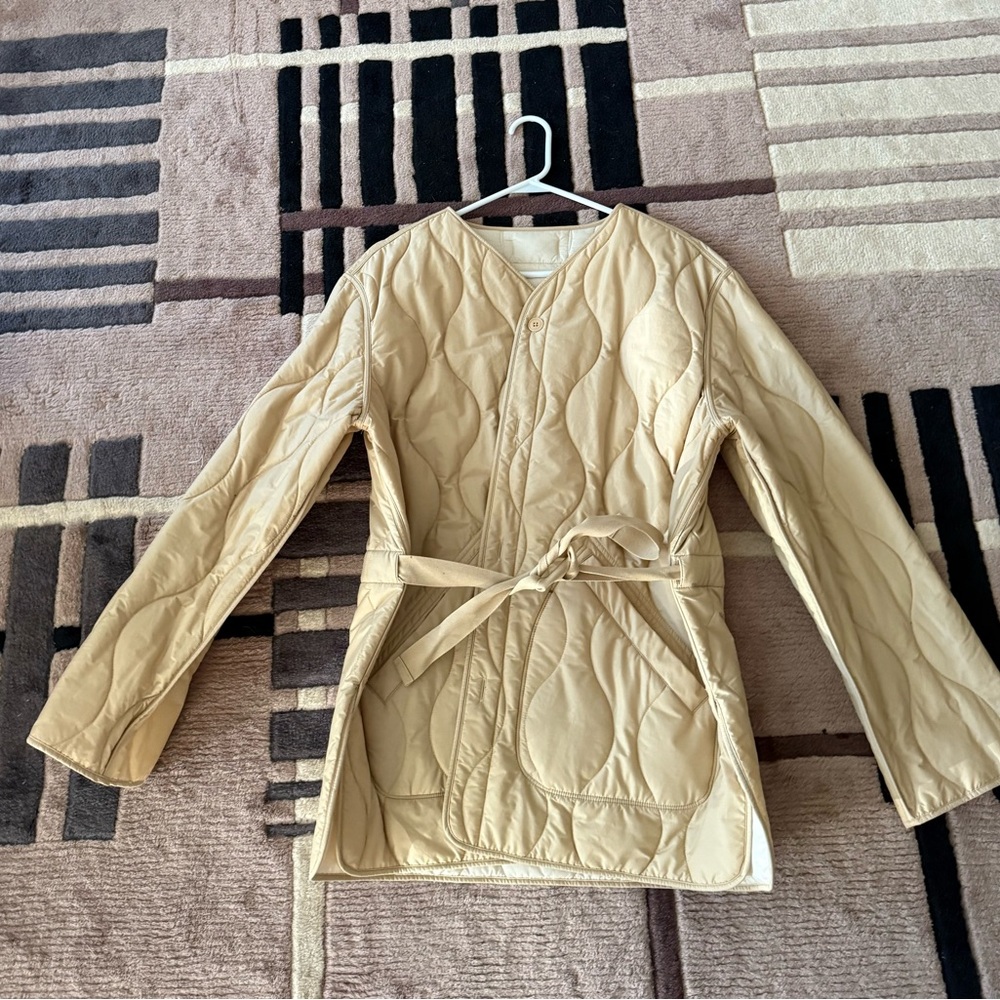 Tan Quilted Jacket with Belt Reversible